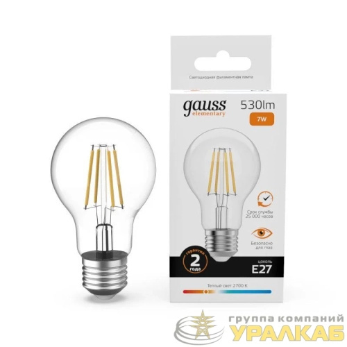 Лампа светодиодная филаментная Filament Elementary А60 7Вт 2700К Е27 530лм GAUSS 