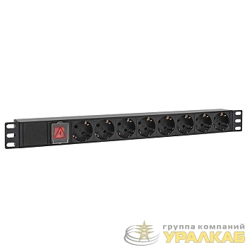 Блок PDU TERACOM PRO 19дюйм 1U 16А/250В 8 роз. Schuko с выключат. шнур 2м 3х1.5кв.мм вилка Schuko корпус алюм. черн. EKF TRP-HPD-LS-16A-8SH-2MSH