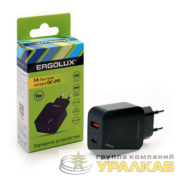 Адаптер сетевой ELX-РA01QC-C02 1USB+1Type C 100-220В 5-9В/3А QC коробка черн. ERGOLUX 15108
