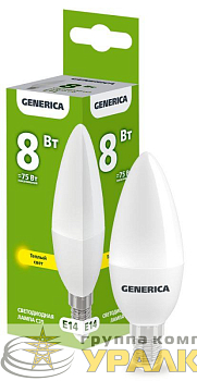 Лампа светодиодная C35 8Вт свеча 3000К E14 230В GENERICA LL-C35-08-230-30-E14-G