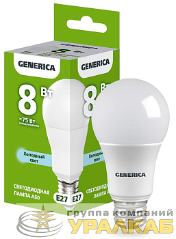 Лампа светодиодная A60 8Вт грушевидная 6500К E27 230В GENERICA LL-A60-08-230-65-E27-G