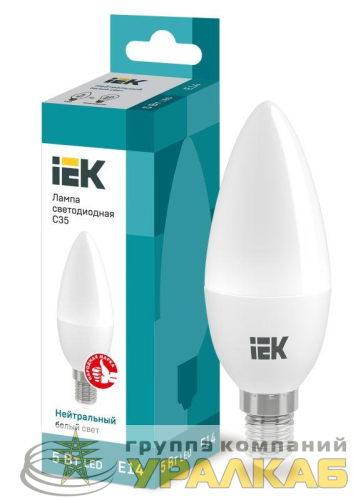 Лампа светодиодная Eco 5Вт C35 свеча 4000К нейтр. бел. E14 450лм 230-240В IEK LLE-C35-5-230-40-E14 детальная картинка