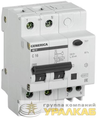 Выключатель автоматический дифференциального тока 2п 16А 30мА АД12 GENERICA MAD15-2-016-C-030