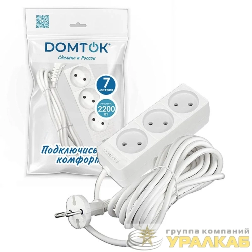 Удлинитель 3х7м без заземл. 10А IP20 2.2кВт ПВС 2х1 бел. DOMTOK 2353 детальная картинка