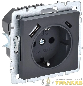 Розетка BRITE РЮш11-1-БрГ 16А с USB A+C 18Вт с заземл. защ. шторки механизм графит IEK BR-R14-16-U22-018-K53