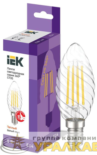 Лампа светодиодная филаментная 360° 5Вт CT35 свеча витая 3000К E14 230В IEK LLF-CT35-5-230-30-E14-CL детальная картинка