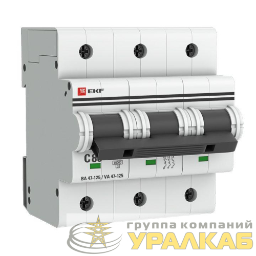 Выключатель автоматический модульный 3п C 80А 15кА ВА 47-125 PROxima EKF mcb47125-3-80C детальная картинка