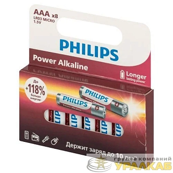 Элемент питания алкалиновый AAA/LR03 1.5В Power (блист. 8шт) Philips Б0064680