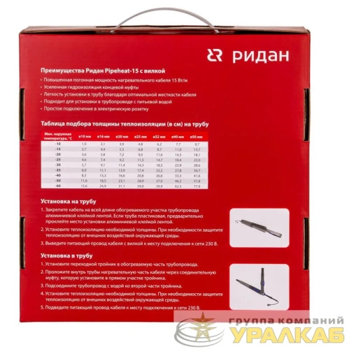 Кабель нагревательный саморег. Pipeheat-15 30Вт 2м с вилкой Ридан 
