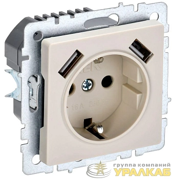 Розетка BRITE РЮш10-1-БрКр 16А с USB A+A 2.1А с заземл. защ. шторки механизм беж. IEK BR-R14-16-U21-D21-K10